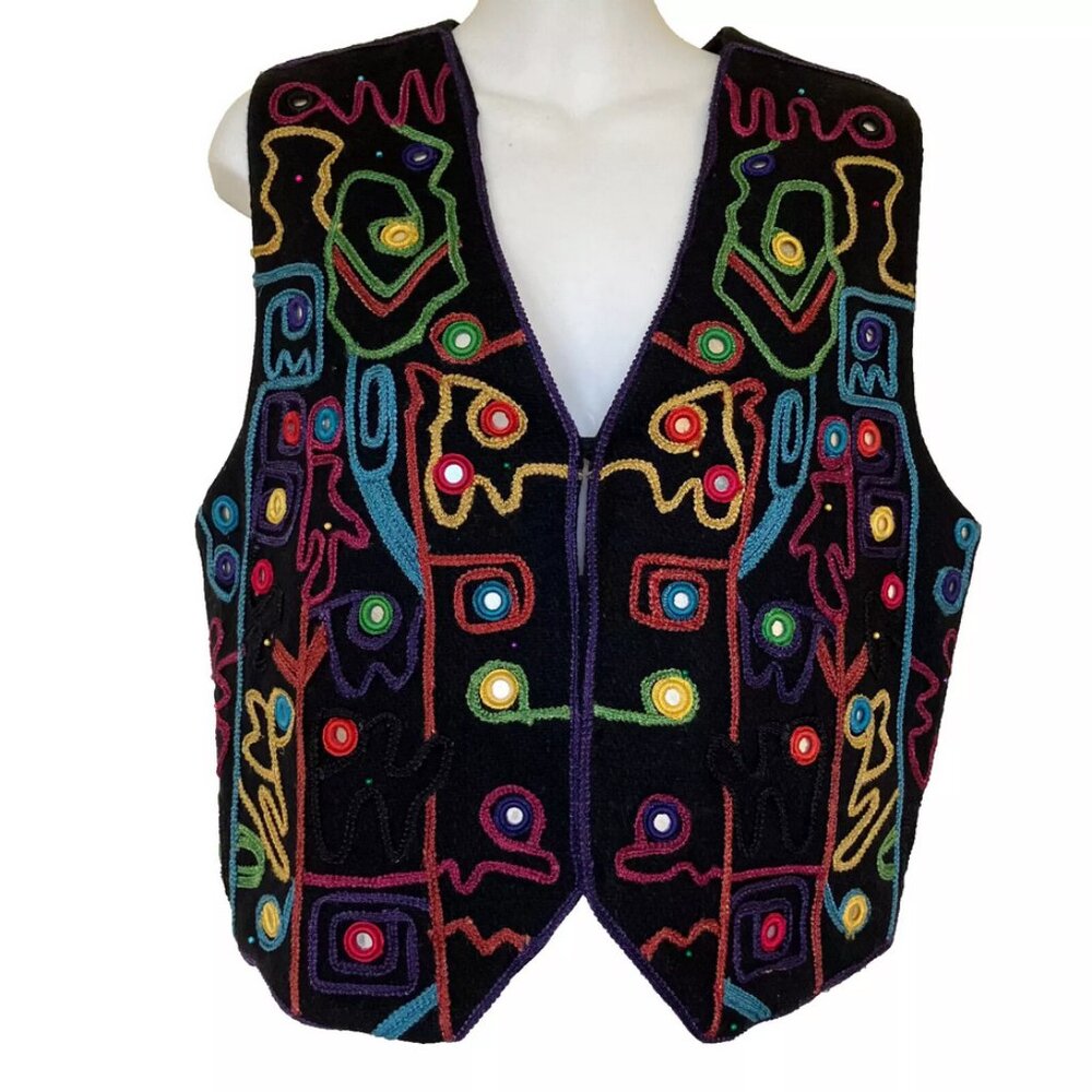 Embroidered Wool Blend Vest Colorful Abstract Design Vintage 90s Emblem